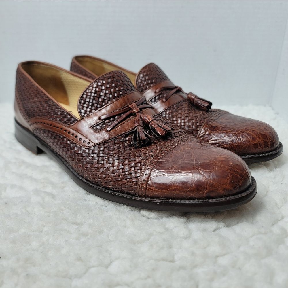 Mezlan Genuine Crocodile Woven Leather Tassel Loafers Brown Men’s Size 11Pre-ow